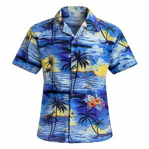 Palmwave Hawaiian Aloha Shirt XL Sunset Palm Trees Waves‎ Surfer Blue Yellow
